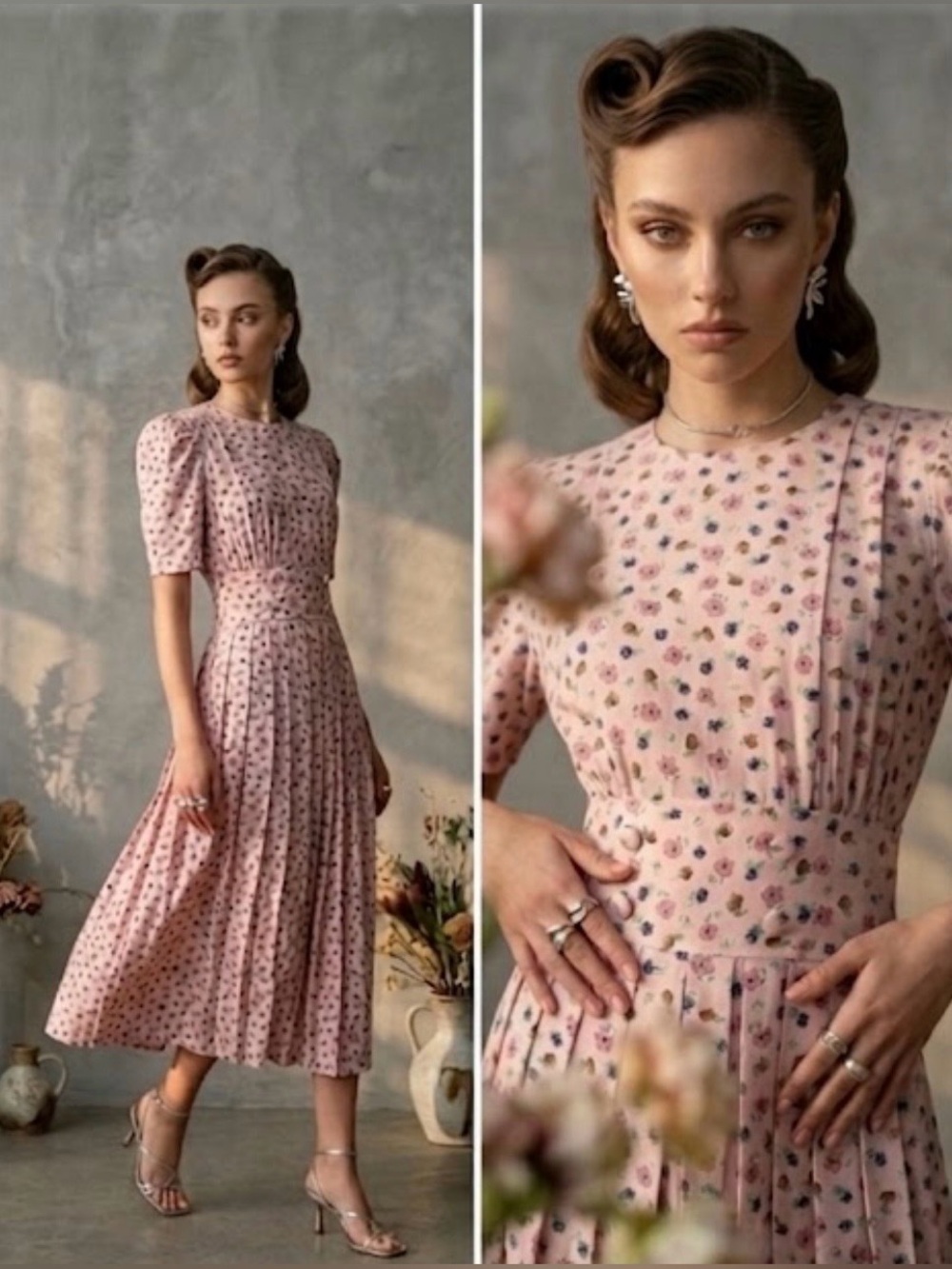 NOS Vintage 90s Does 40s Karin Stevens Bermuda Pink Ditsy Floral Tea Dress Sz 6